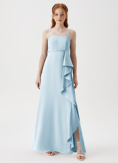Azazie Kaylee Junior Sky Blue A-Line with Belt Stretch Satin Dress image3