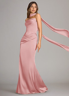 Azazie Sorrel Robes de demoiselle d'honneur Robe Sirène Convertible en Satin extensible Sans bretelles Rose Poudré image4
