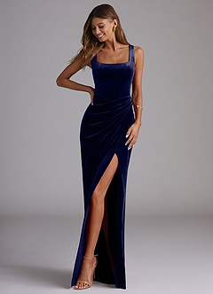 Azazie Mero Bridesmaid Dresses Dark Navy Sheath Pleated Velvet Dress image1