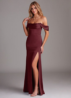 Azazie Saige Robes de demoiselle d'honneur Robe Fourreau en Satin extensible Épaule décolletée Cabernet image1