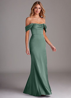 Azazie Saige Bridesmaid Dresses Eucalyptus Sheath Off the Shoulder Stretch Satin Dress image6
