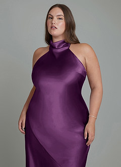 Azazie Velli Bridesmaid Dresses Plum Sheath High Neck Metallic Satin Dress image9