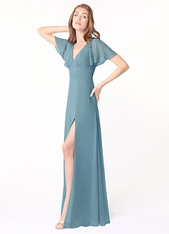 Azazie Kimber Bridesmaid Dresses Moody Blue A-Line Flounce Sleeve Chiffon Dress image3