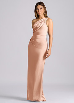 Azazie Akilah Vestidos de damas de honor Vestido Oro Rosa de Satén Elástico de Corte Sirena con Un hombro image6