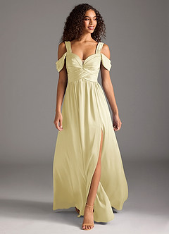 Azazie Lianne Bridesmaid Dresses Lemon Sorbet A-Line Off the Shoulder Stretch Satin Dress image2