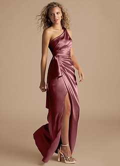 Azazie Maive Bridesmaid Dresses Vintage Mauve Sheath Ruched Metallic Satin Dress image5