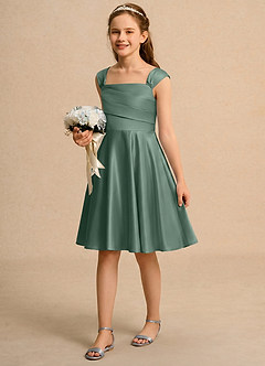 Azazie Budle Girls Formal Flower Girl Dresses Eucalyptus A-Line Pleated Matte Satin Dress image5