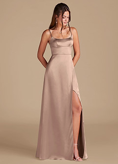 Azazie Halsey Bridesmaid Dresses Taupe A-Line Side Slit Metallic Satin Dress image1
