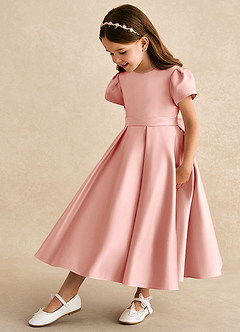 Azazie Princess Flower Girl Dresses Rosette A-Line Pleated Matte Satin Dress image1