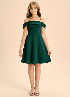 Azazie Anselie Junior Emerald A-Line Pleated Stretch Satin Dress image3