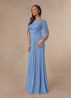 Azazie Hera At-home Try On Dresses Steel Blue A-Line Lace Capelet Chiffon Dress image2