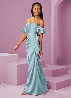 Barbie ♥ Azazie Robes de demoiselle d'honneur Robe Fourreau Convertible en Satin extensible Épaule décolletée Bleu Maussade image4