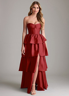 Azazie Faye Bridesmaid Dresses Pomegranate A-Line Ruched Stretch Satin Dress image1