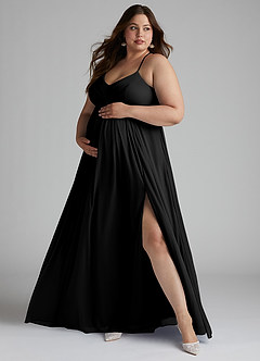 Azazie Annabelle vestidos de dama de honor de maternidad Vestido de Acampanado Cuello en V plisado Largo hasta el piso Malla image7