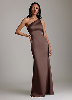 Azazie Voni Vestidos de damas de honor Vestido de Ganache de Satén Elástico de Corte Sirena con Hombro unilateral image5