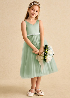 Azazie Firefly Flower Girl Dresses Dusty Sage A-Line Bow Matte Satin Dress image3