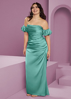 Barbie ♥ Azazie Jurken voor bruidsmeisjes Converteerbaar Jurk van Stretch Satijn met Kolom Off the Shoulder Aqua image14