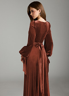 Azazie Leonia Bridesmaid Dresses Terracotta A-Line Long Sleeve Velvet Dress image2
