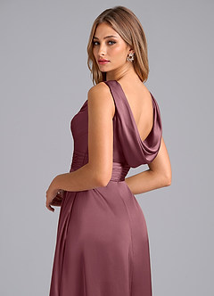Azazie Karina At-home Try On Dresses Desert Rose A-Line Pleated Stretch Satin Dress image2
