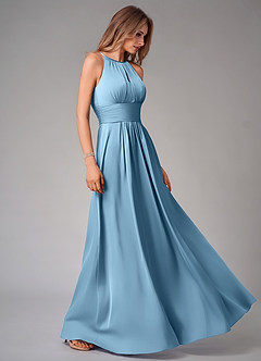 Azazie Bonnie Bridesmaid Dresses Steel Blue A-Line Pleated Stretch Satin Dress image4