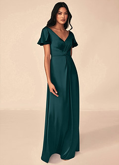 Azazie Soren Bridesmaid Dresses Pine A-Line Pleated Stretch Satin Dress image4