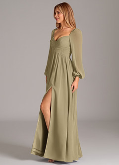 Azazie Bailee Vestidos de damas de honor Vestido de Musgo Verde de Gasa de Corte en A con Manga larga image3