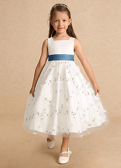 Azazie Pollie Blumenmädchenkleider A-Linie Schleifen Tüll Kleid Elfenbein Stahlblau image10