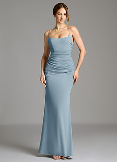 Azazie Jolene Robes de demoiselle d'honneur Robe Sirène en Jersey extensible de qualité supérieure Col Carré Bleu Poussiéreux image4