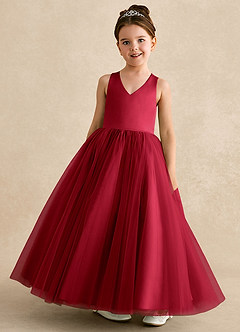 Azazie Peanut Robe Demoiselle D'honneur Fillette Robe Trapèze en Tulle Bretelle Écarlate image4
