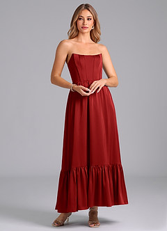 Azazie Leilana Bridesmaid Dresses Pomegranate A-Line Corset Stretch Satin Dress image1