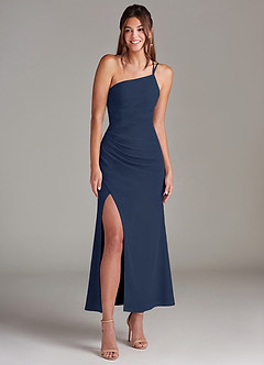 Azazie Eren At-home Try On Dresses Dark Navy Mermaid One Shoulder Chiffon Dress image3