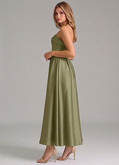 Azazie Lucienne 신부 들러리 드레스 A라인 주름진 스트레치 새틴 발목 길이 드레스 image3