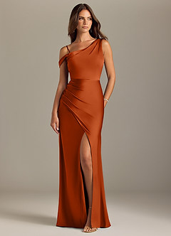 Azazie Madelyn Bridesmaid Dresses Burnt Orange Mermaid Off the Shoulder Stretch Satin Convertible Dress image8