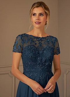 Azazie Adina At-home Try On Dresses Dark Navy A-Line Boatneck Sequins Chiffon Dress image4