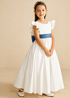 Azazie Aero Flower Girl Dresses Ivory Steel Blue A-Line Pleated Cotton Dress image5