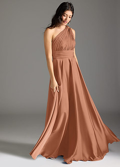 Azazie Charlize Bridesmaid Dresses Bronzer A-Line One Shoulder Stretch Satin Dress image3