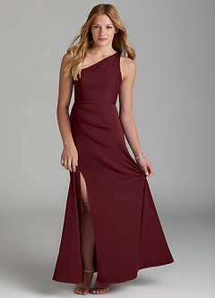 Azazie Maron Junior Cabernet A-Line Pleated Stretch Satin Dress image1