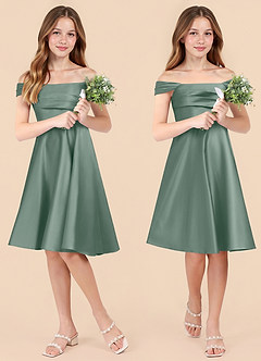 Azazie Amira Junior Silver Sage A-Line Pleated Stretch Satin Dress image1
