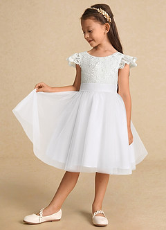 Azazie Vetty Robe Demoiselle D'honneur Fillette Robe Trapèze en Tulle Dentelle Ivoire Blanc image4