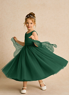 Azazie Pear Flower Girl Dresses Dark Green Ball-Gown Bow Tulle Dress image2