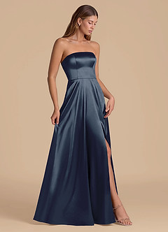 Azazie Wren Brudtärnklänningar Klä av A-Linje i Metallisk satin Axelbandslös Mörk Marinblå image7