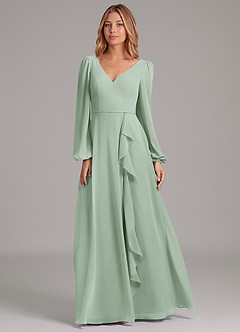 Azazie Simone Abiti da Damigella Abito A-Line in Chiffon Manica Lunga Agave image5