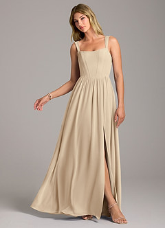 Azazie Rosaline Bridesmaid Dresses Champagne A-Line Side Slit Chiffon Dress image1