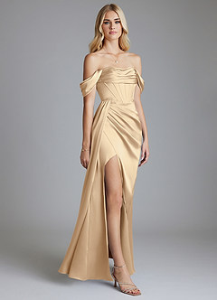 Azazie Amyra Bridesmaid Dresses Champagne Mermaid Off the Shoulder Stretch Satin Convertible Dress image5