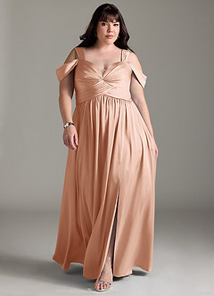 Azazie Lianne Bridesmaid Dresses Rose Gold A-Line Off the Shoulder Stretch Satin Dress image9