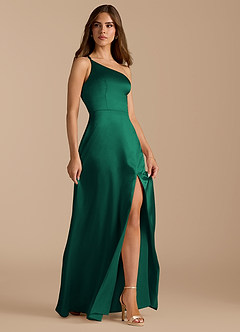 Azazie Trina Bridesmaid Dresses Emerald A-Line One Shoulder Metallic Satin Dress image6