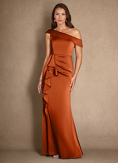 Azazie Hamptons Mother of the Bride Dresses Burnt Orange A-Line Pleated Stretch Satin Dress image4