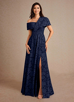 Azazie Milton Mother of the Bride Dresses Dark Navy A-Line Pleated Floral Burnout Dress image4