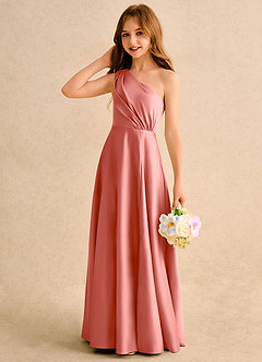 Azazie Puddles Girls Formal vestidos de niña de las flores Vestido de Rosa Salmón de Satin Mate de Corte en A con Hombro unilateral image6