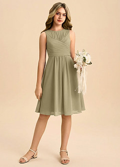 Azazie Skyla Junior Jurk van Chiffon met A-Lijn Geplooid Mosgroen image1